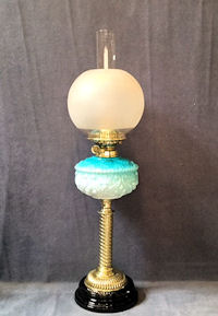 Brass and Blue Glass Oil Side Lamp