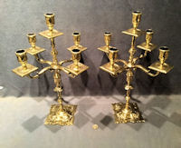 Pair of Five Branch Brass Candelabras