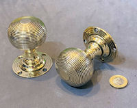Pair of Ribbed Brass Door Handles, 2 pairs available DH1155
