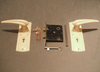 Pair of White Bakelite Lever Door Handles with Mortice Lock, 4 sets available DH316